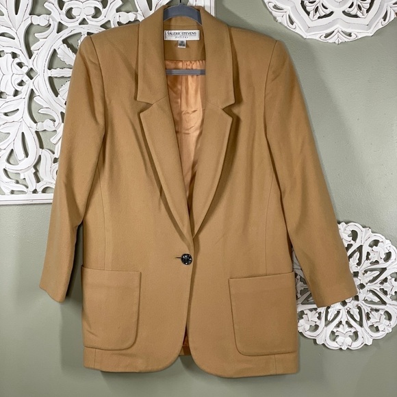 Valerie Stevens Camel Tan Suit Jacket Blazer Single Button Petite Wool Cashmere - Picture 1 of 7